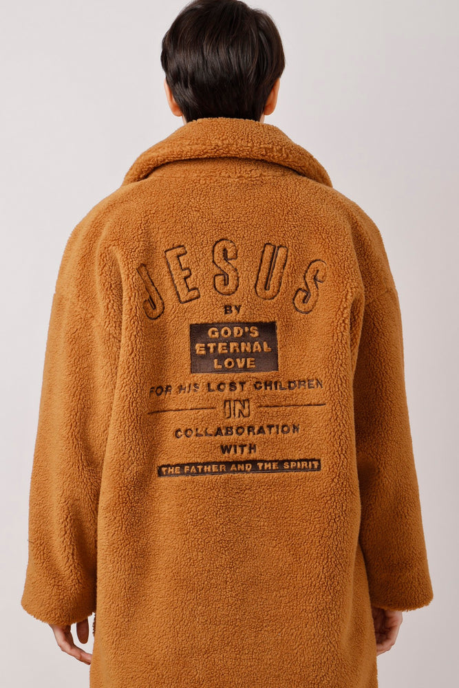 Jesus Embroidered Faux Shearling Coat - AMENPAPA Fashion