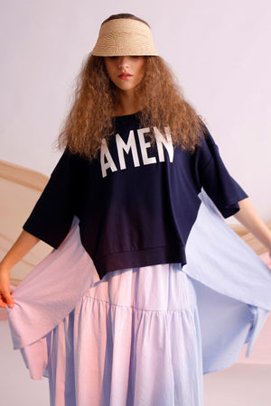 AMEN printed jersey and striped cotton oversize tee