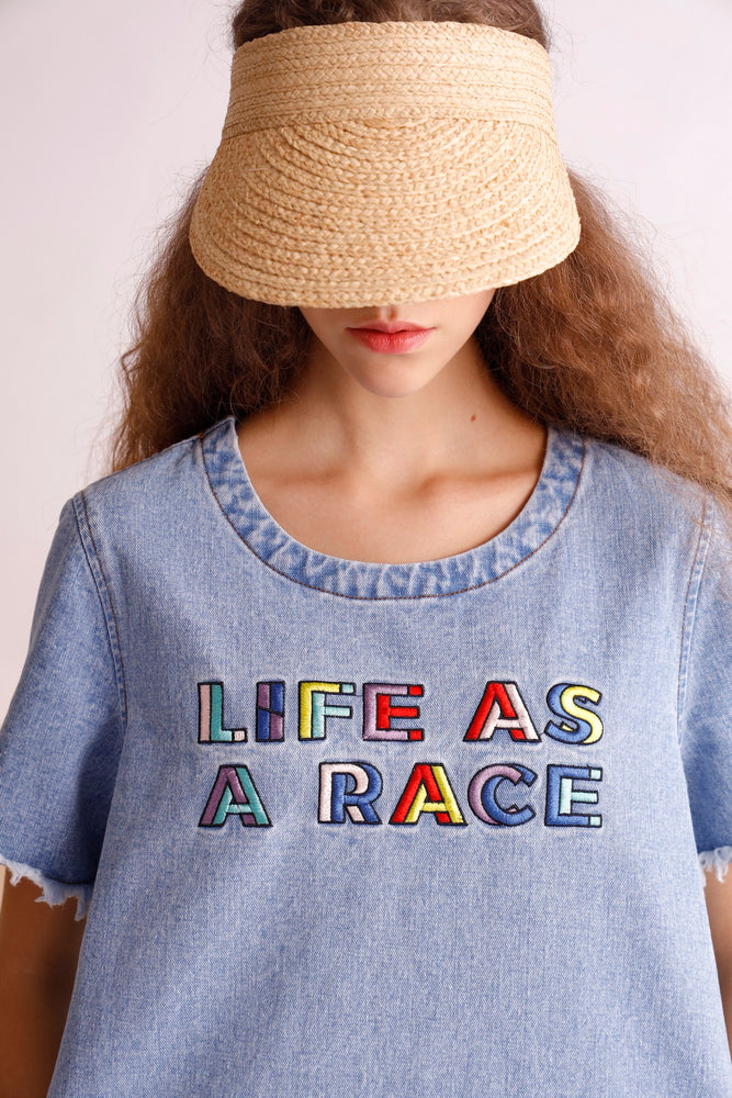 Life as a race embroidered oversized dress