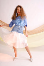 Asymmetric pleated mesh cotton twill midi skirt