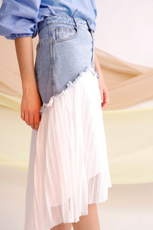 Asymmetric pleated mesh cotton twill midi skirt